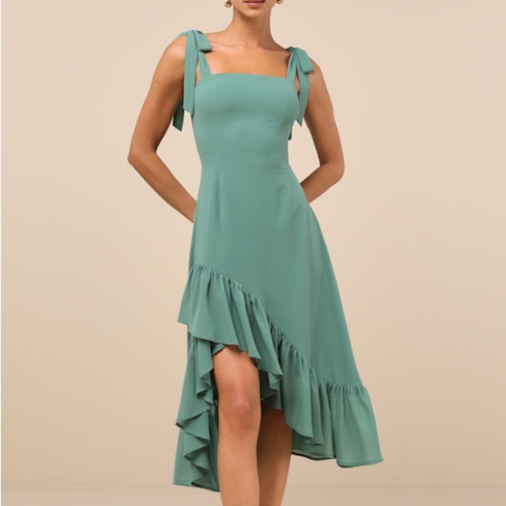 NWT Lulus Tamryn Dark Sage Asymmetrical Ruffled Midi Dress Size Large